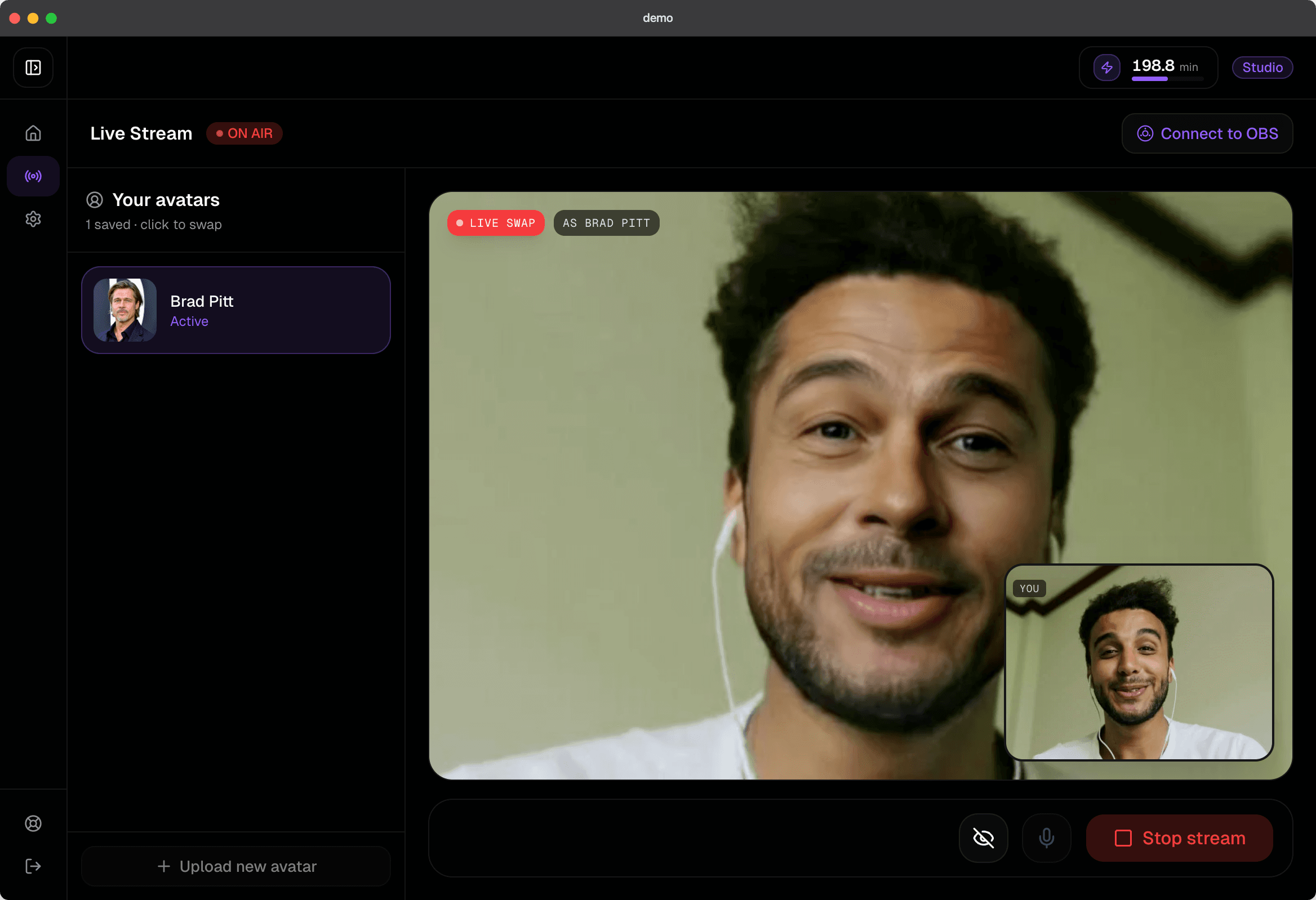 LiveSwap dashboard performing a real-time live face swap on a webcam feed — a streamer appears on camera as a different AI-generated persona at sub-500ms latency